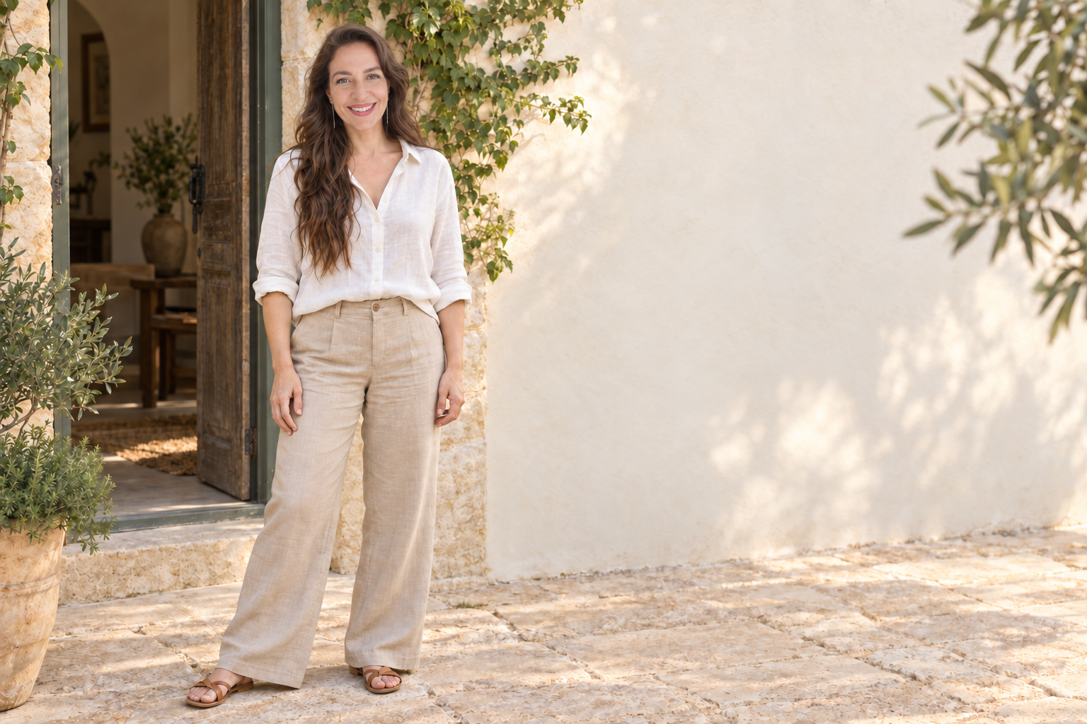 ליאת בעמידה ליד פתח מואר, בחולצת שנהב ומכנסי פשתן